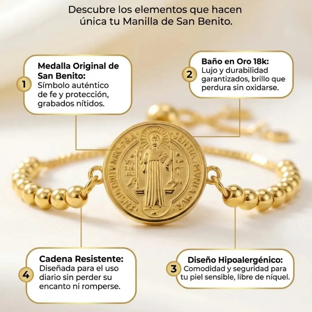 Manilla San Benito Baño de oro 18k balines
