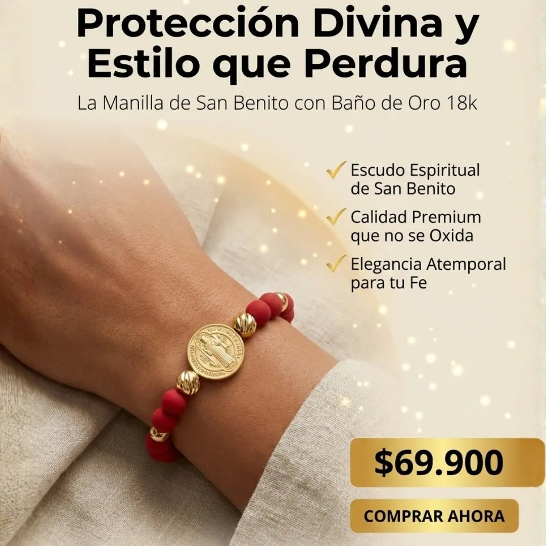 Manilla Protectora San Benito Baño de oro 18k