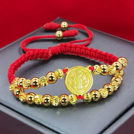PULSERA TEJIDA SAN BENITO 32 ESFERAS BAÑO DE ORO